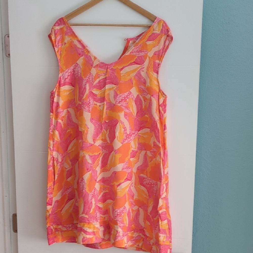 Vibrant Pink & Orange Linen Sleeveless A Line Linen Sun Dress Side Pockets Sz XL